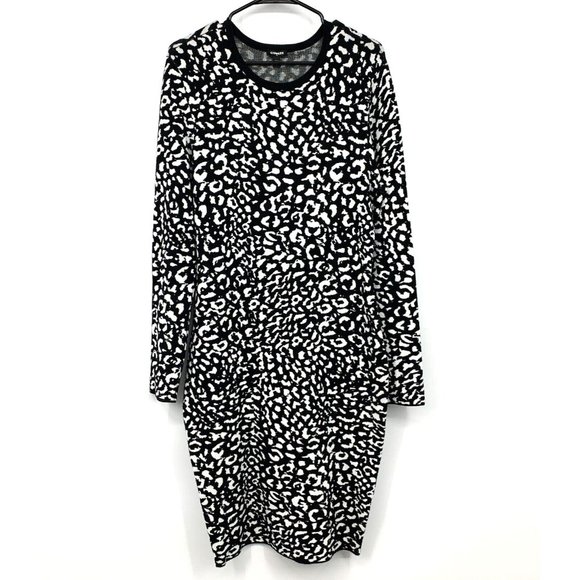 Express Dress Black White Animal Print Stretch Bodycon Midi - Picture 1 of 9